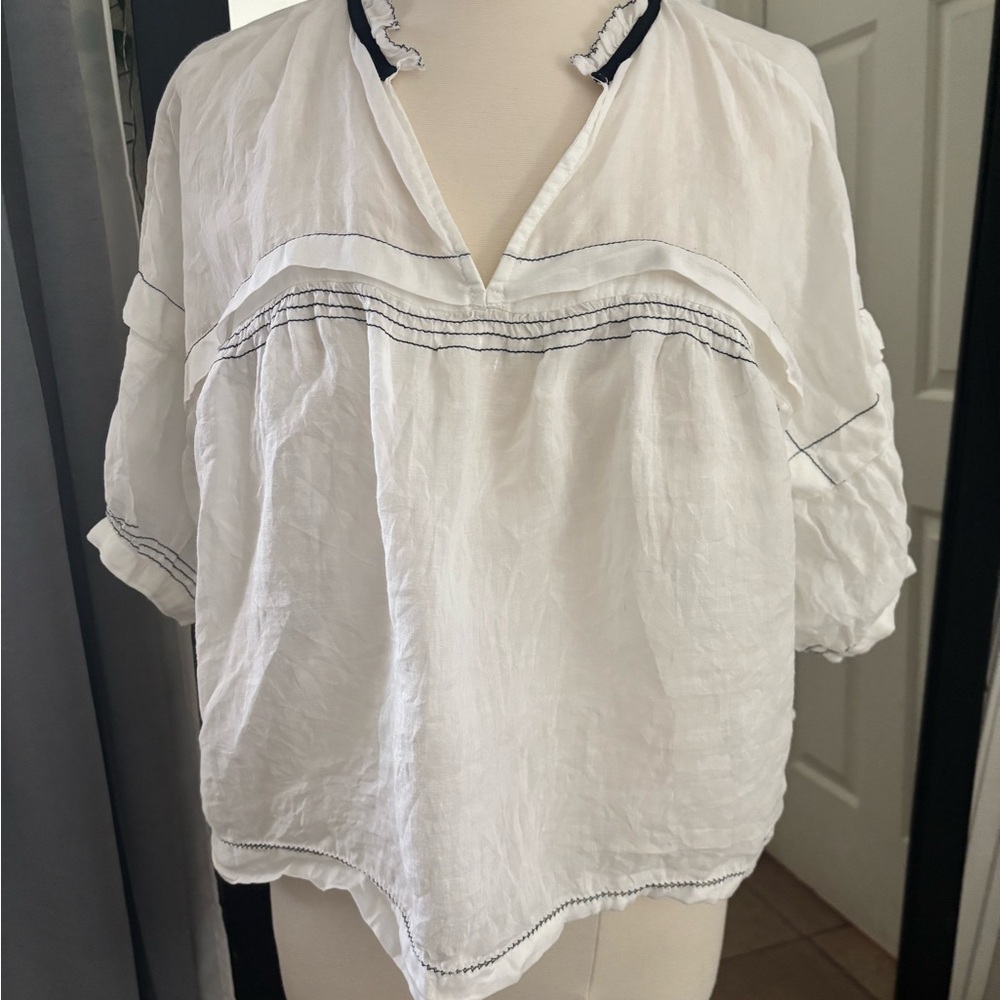 Maeve by anthropology White Blouse with Navy Trim